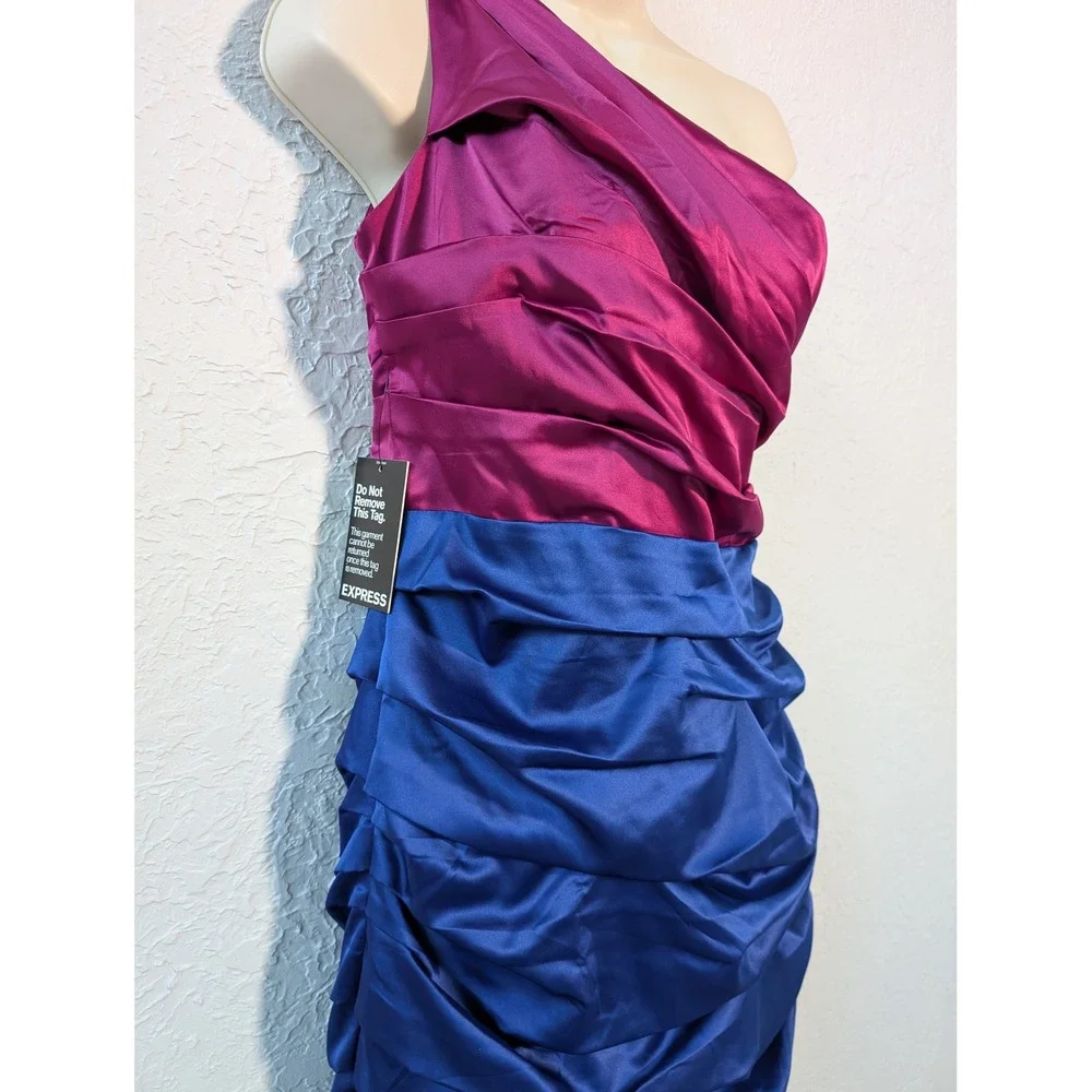 NWT Express One Shoulder Dress Women 10 Magenta Blue Ruched Color Block Mini